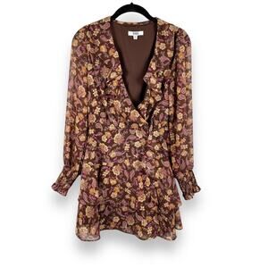 BB Dakota Paisley To Be Nice Long Sleeve Chiffon Minidress Brown Pink Size XS